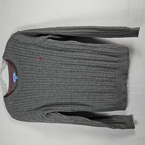 IZOD Women's Gray Medium Cable Knit Pullover Sweater Pink Crest Crew Neck T14